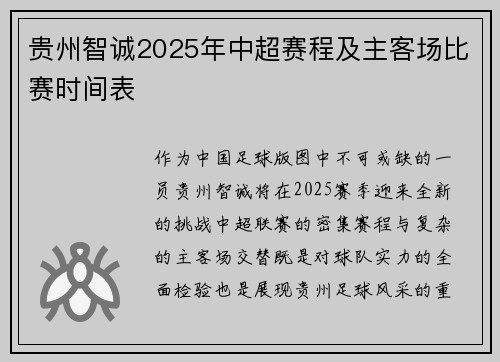 贵州智诚2025年中超赛程及主客场比赛时间表